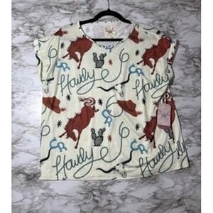Cotton Rye Women's Howdy Cowboy Top Western Print Tee Shirt Small